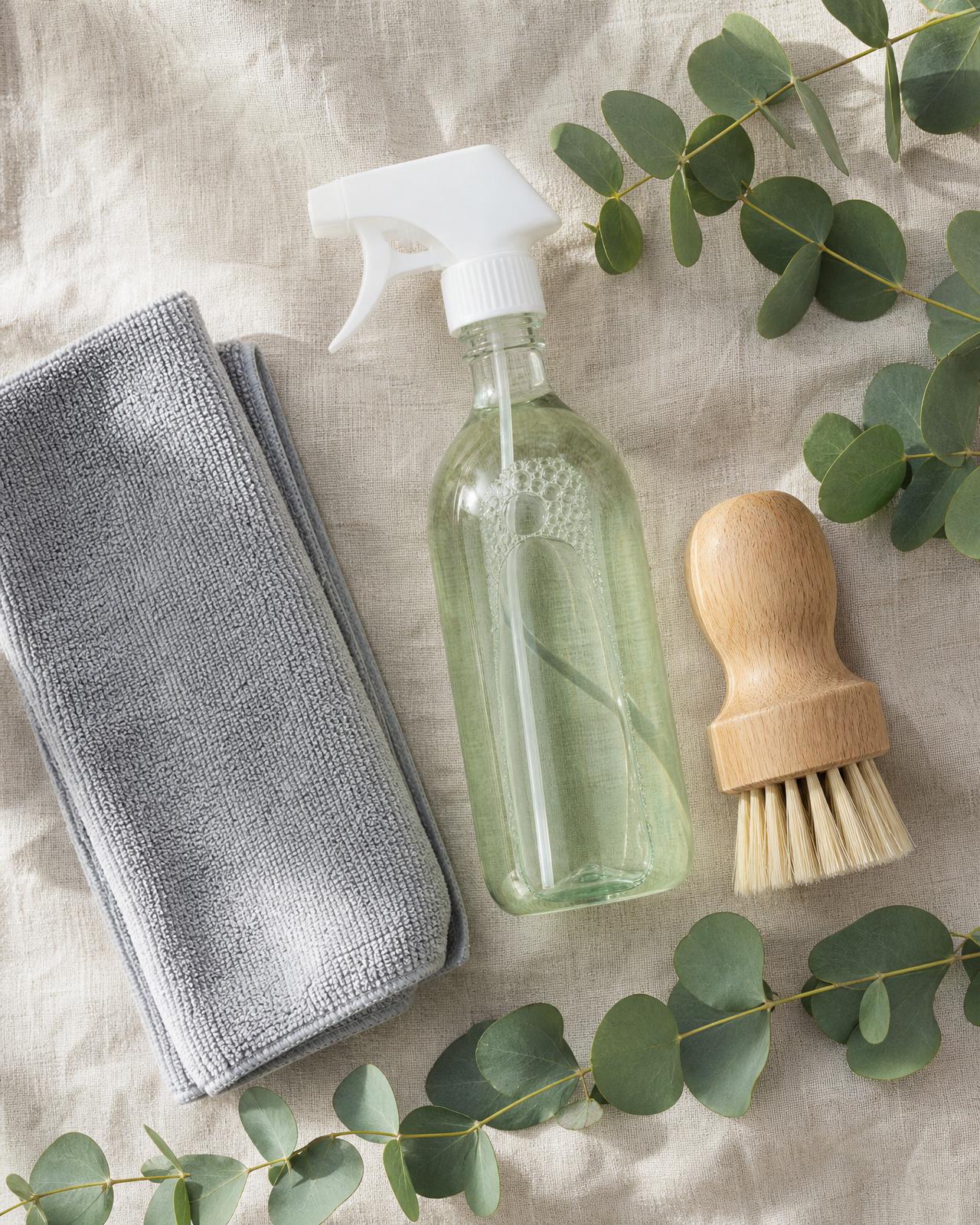 Eco-friendly cleaning essentials arranged on cream linen